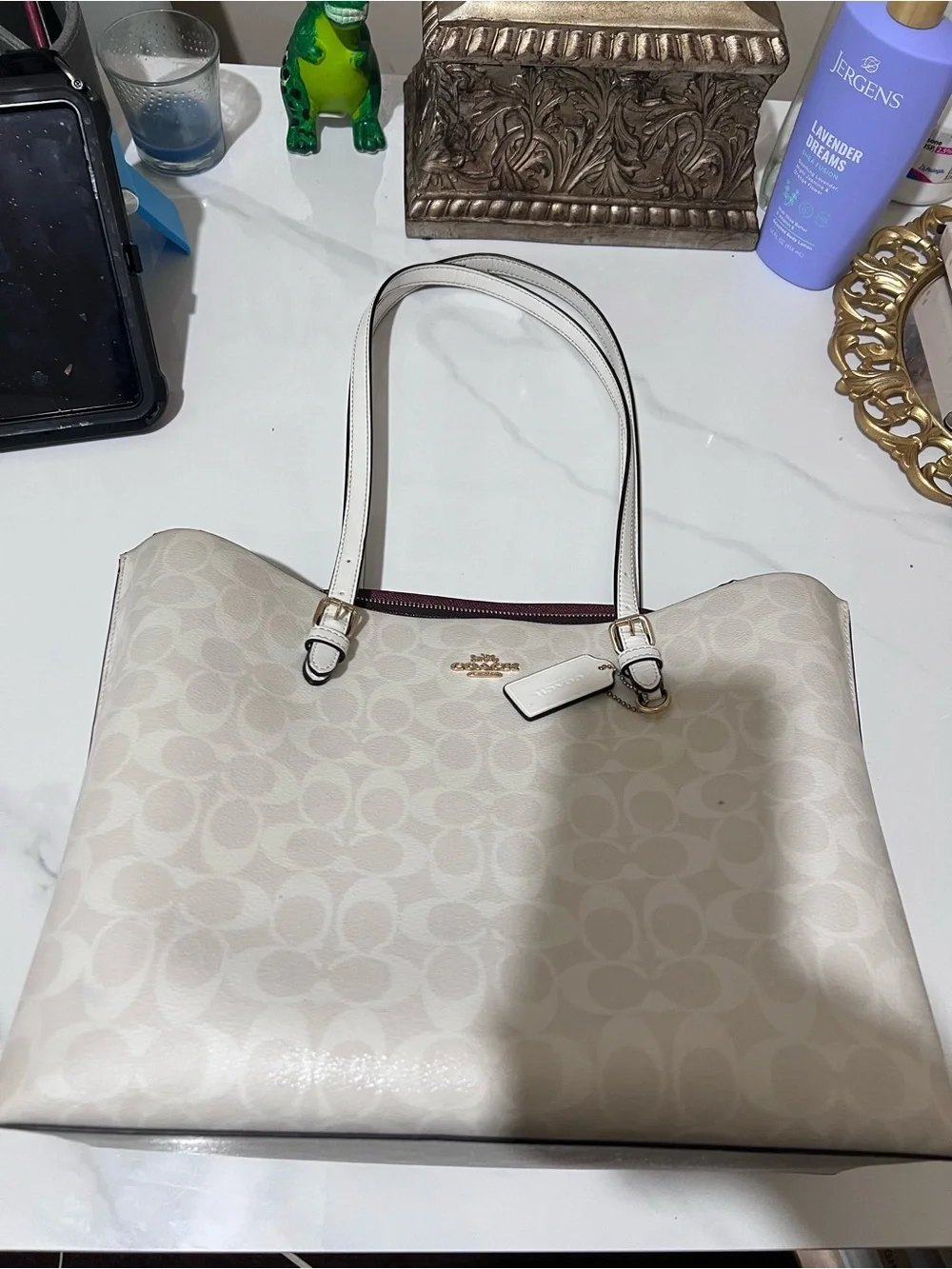 Coach White Signature Tote with Gold Accents